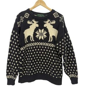 Embassy Row Vintage Nordic Moose Chunky Fisherman Sweater Size L Cotton Holioday